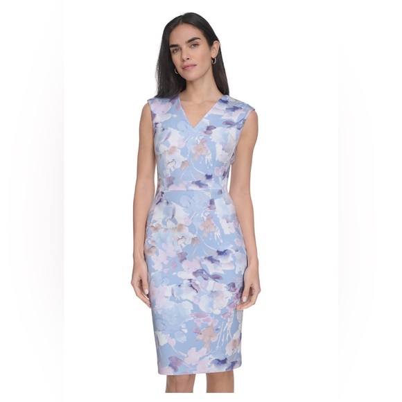 Calvin Klein Dresses & Skirts - 💙 NWT! Blue & White CALVIN KLEIN Floral V-Neck Sleeveless Sheath Dress - Size 14